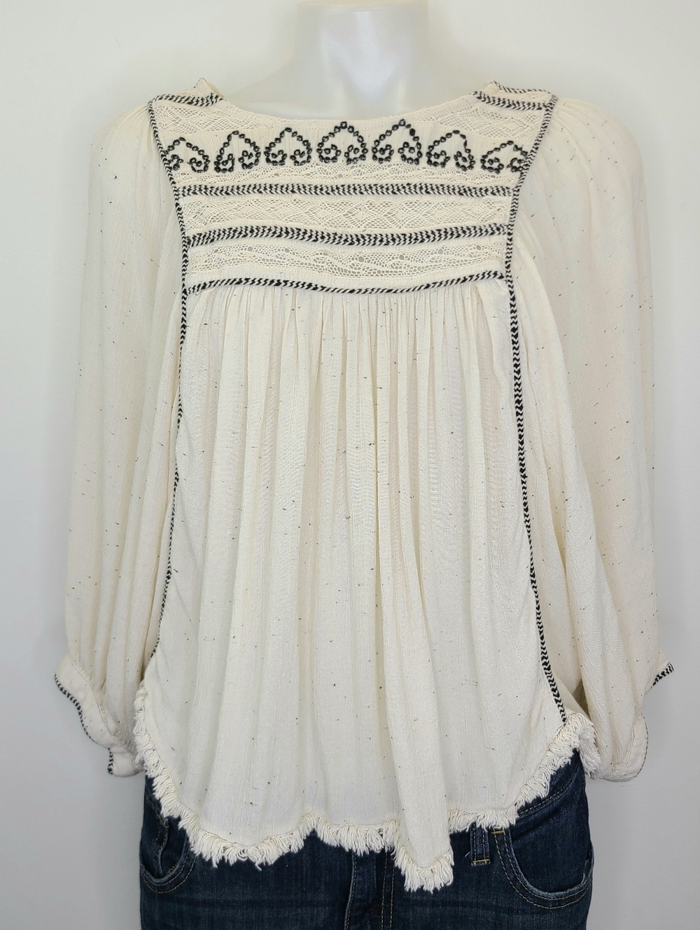 Free People Cyprus Avenue Embroidered Crochet Top Bell Sleeves Ivory Cream Large - Picture 2 of 16